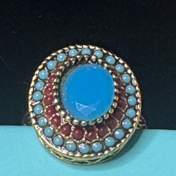 Boho Turquoise Look Statement Ring Gold Tone Beaded Halo Size 9 - Picture 3 of 4